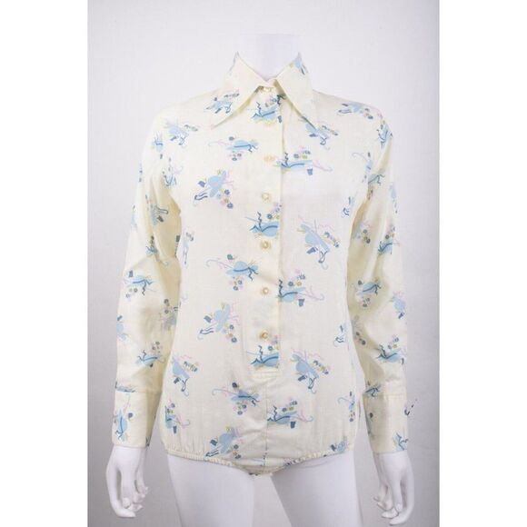 Vintage Lily of France Womens Bodysuit Shirt Sz S Spread Collar Hat Floral - Picture 1 of 7
